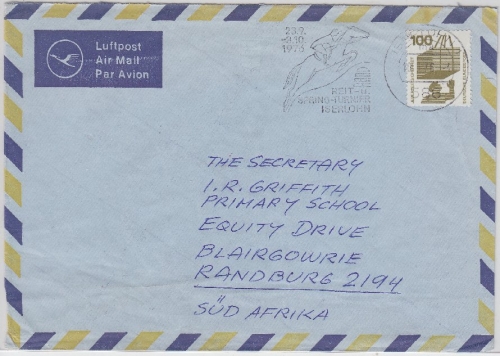BRD - 100 Pfg UV Luftpostbrief n. SÜDAFRIKA Iserlohn Randburg/Johannesburg 1976