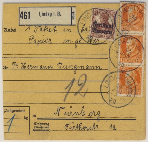 Bayern - 35 Pfg. Germania/Freistaat u.a. Paketkarte Lindau - Nürnberg 14.1.1920