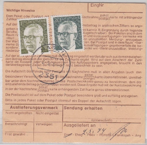 BRD - 1 M.+20 Pfg. Heinemann Zustellgebühr Nachnahme Paketkarte Sperrgut Weiden