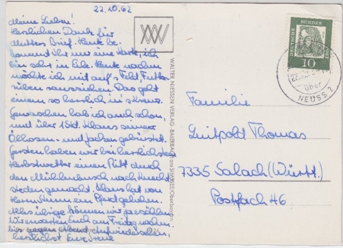 BRD - Norf ü. Neuss 2 Poststelle I teilaptierter Tagesstempel Karte 22.10.62