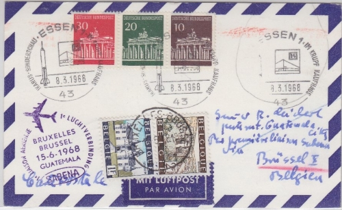 BRD - Sabena 1st-Flug Brüssel - Guatemala 1968 Zuleitungspost LupoKte. SST Essen