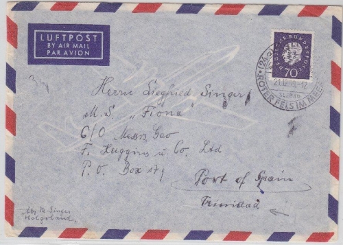 BRD - 70 Pfg. HeussIII Luftpostbrief n. TRINIDAD Helgoland - Porto-of-Spain 1959