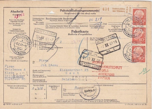 BRD - 80 Pfg. Heuss II Dreierstreifen Paketkarte n. BELGIEN Sechshelden 1961