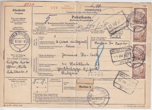BRD - 60 Pfg. Heuss II 4er-Streifen Paketkarte n. BELGIEN Köln-Schlachthof 1961