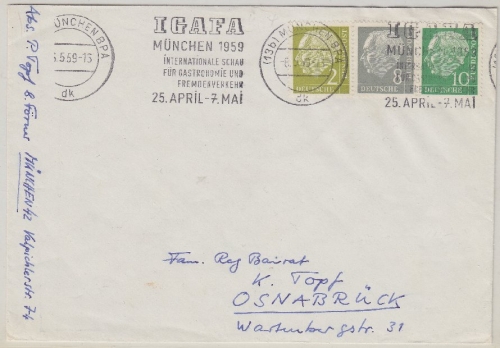 BRD - Heuss Zusammendruck 8+10 Pfg. u.a. Brief München - Osnabrück 1959