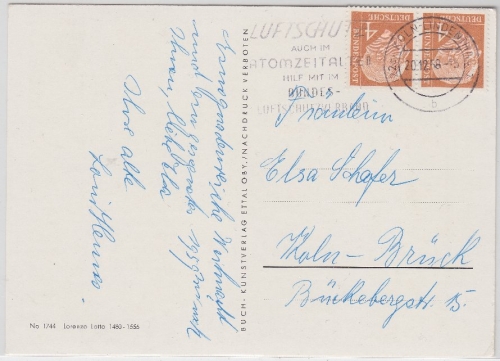 BRD - 4 Pfg. Heuss waagrechtes Paar Ortskarte Köln-Lindenthal 1958