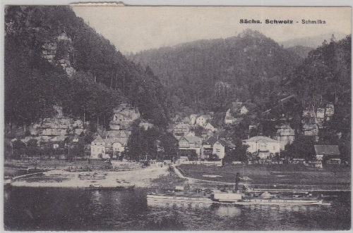 Sachsen - Schmilka Sächsische Schweiz Ortsansicht Dampfer sw-AK ca. 1910
