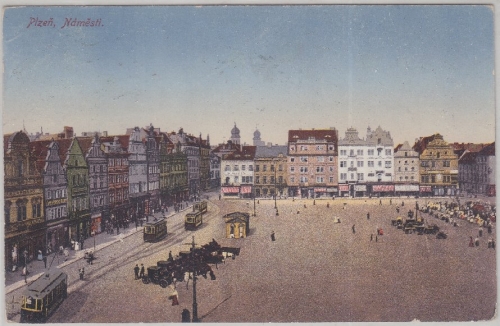 CSSR - Pilsen Böhmen Marktplatz farbige Ansichtskarte gelaufen 1910