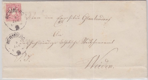 Bayern - Wernberg 1871 K1 m. Jahreszahl Brief 3 Kr. Wappen gez. n. Weiden