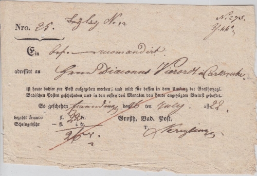 Baden - Emmendingen 1822 Aufgabeschein (Reko-Brief n. Carlsruhe) 22 Kr. franco