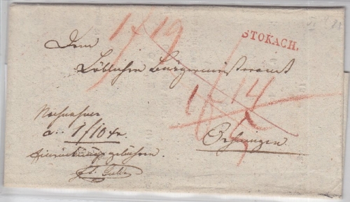 Baden - Stokach roter L1 Nachnahmebrief n. Öhringen 1834 - mit Inhalt