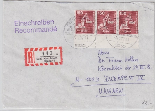 BRD - 150 Pfg. I&T 3er-Str. Unterrand Einschreiebrief n. UNGARN Hirschhorn 1992