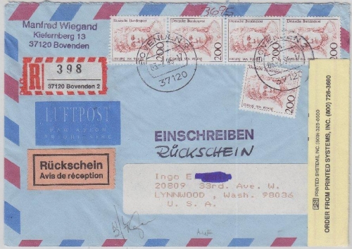 BRD - 5x200 Pfg Frauen Luftpostbrief Einschreiben Rückschein n USA Bovenden 1995