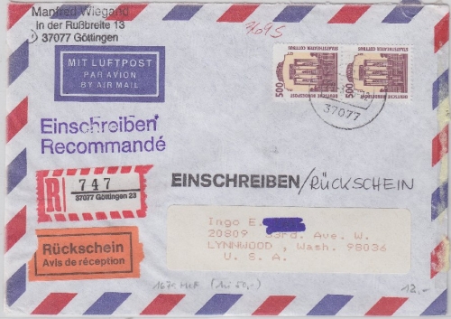 BRD - 2x500 Pfg. SWK Luftpost Einschreiben Rückschein n. USA Göttingen 1996