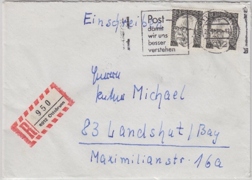 BRD - 2x110 Pfg. Heinemann Einschreibebrief 2.Gew.st. Ottobrunn - Landshut 1974