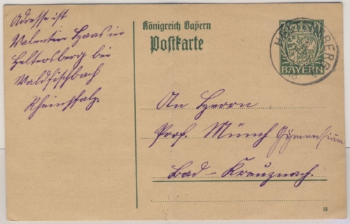 Bayern - Heltersberg 1918 K1 7 1/2 Pfg. Ganzsache n. Bad Kreuznach 1918