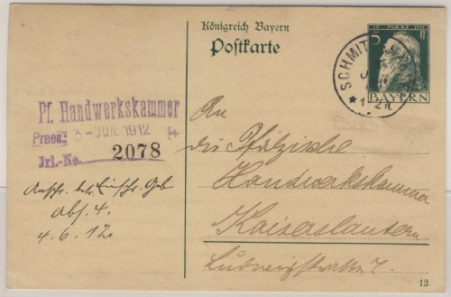 Bayern - Schmittshausen 1912 K1 5 Pfg. Ganzsache n. Kaiserslautern