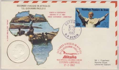 Benin - Alitalia Sonderflug Cotonou - Libreville Papstbesuch 1982 Schmuckkuvert