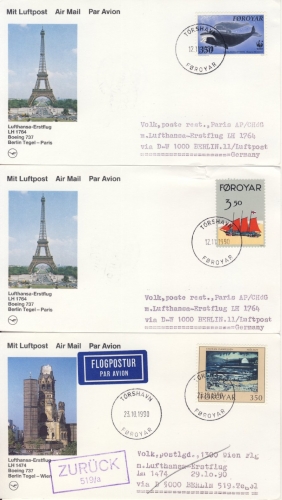 Färöer - 8 Luftpostkarten n. Deutschland - versch. Frankaturen 1990