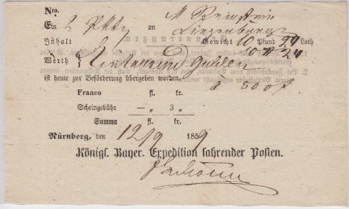 Bayern - Nürnberg 1859 Fahrpostaufgabeschein 2 Wertpakete/1000 Gulden Ortsdruck