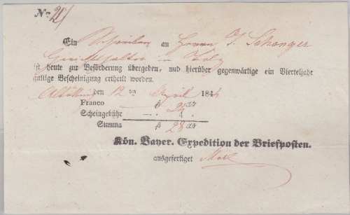 Bayern - Altötting 1844 Briefpost-Aufgabeschein Chargebrief n. Tölz
