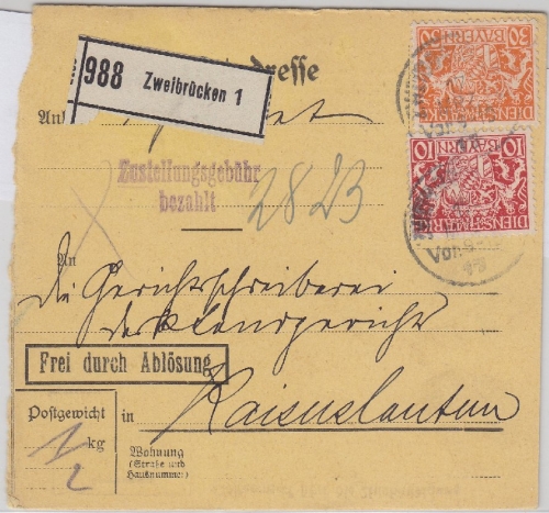 Bayern - 30+10 Pfg. Staatswappen Dienstpaketkarte Zweibrücken 1919 n.
