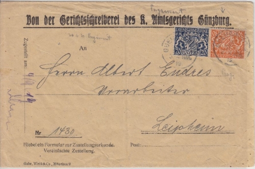 Bayern - 30+20 Pfg. Staatswappen Dienstzustellurkunde Günzburg - Leipheim 1919