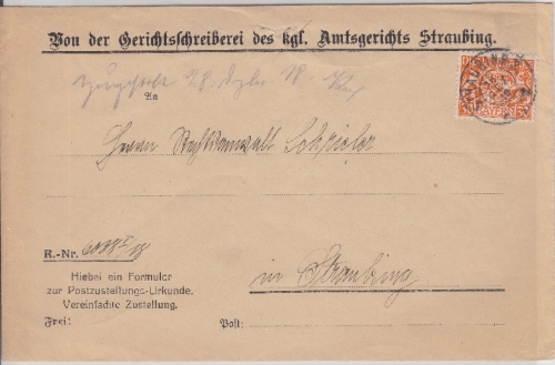 Bayern - 30 Pfg. Staatswappen Ortsdienstbrief Zustellurkunde Straubing 1918