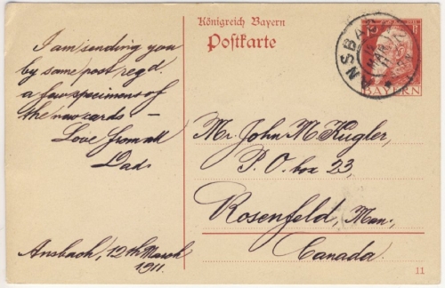 Bayern - 10 Pfg. Luitpold Ganzsache n. CANADA Ansbach - Rosenfeld 1911