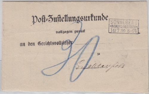 DR/Bayern - Sonneberg 1880 Ra3 Postzustellurkunde n. Lichtenfels Nachporto