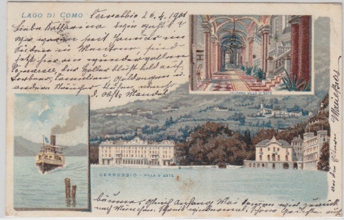 Italien - Cernobbio Lago di Como farb. Mehrbildlitho Villa d'Este gelaufen 1901