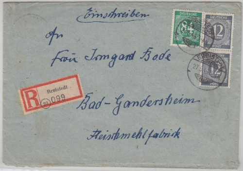 Kontrollrat - Broistedt 1946 Einschreibebrief n. Bad Gandersheim - Notkuvert