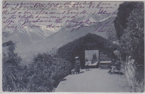 Österreich - Tirol Meran Schutzhütte Tappeinerweg sw-AK gelaufen Obermais 1911