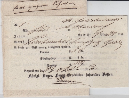 Bayern - Regensburg 1863 Fahrpost-Aufgabeschein n. Oberdorf 1863 56 Kr. Franco !