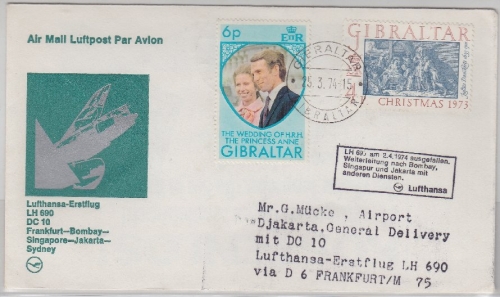 Gibraltar - Zuleitungspost LH 1st-Flug Frankfurt - Djakarta Ausfallstempel 1974
