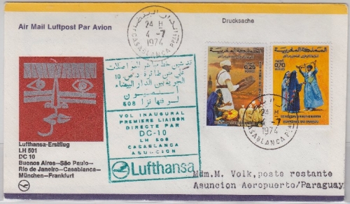 Marokko - Lufthansa 1st-Flug Etappe Casablanca - Asuncion Luftpostbrief 1974