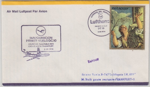 Paraguay - Lufthansa 1st-Flug Asuncion - Frankfurt Luftpostbrief 1975
