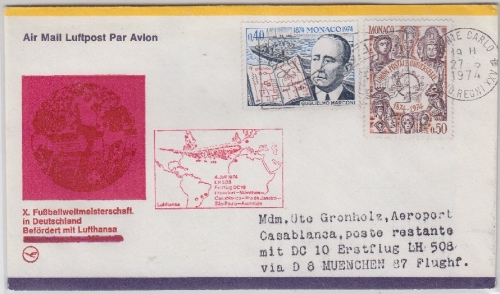 Monaco - Zuleitungspost Lufthansa, 1st-Flug München - Casablanca LupoBrief 1974