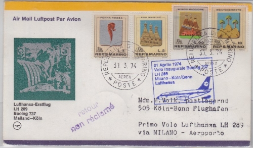 San Marino - Zuleitungspost Lufthansa 1st-Flug Mailand - Köln LupoBrief 1974