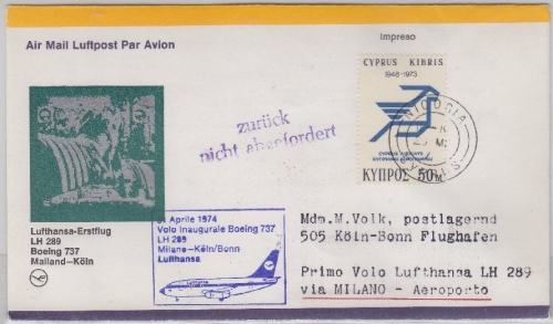 Zypern - Zuleitungspost Lufthansa 1st-Flug Mailand - Köln Luftpostbrief 1974