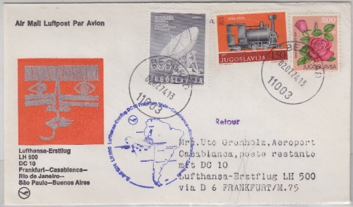 Jugoslawien - Zuleitungspost Lufthansa 1st-Flug Frankfurt - Casablanca 1974