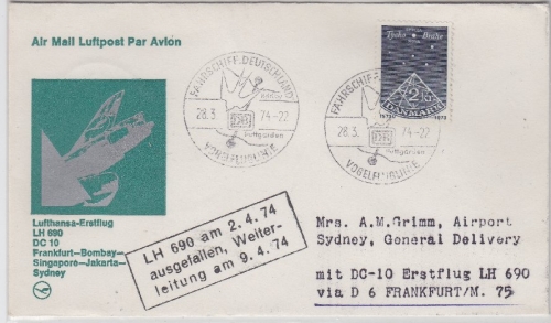 Dänemark/Schiffspost - Zuleitungspost LH 1st-Flug Frankfurt - Sydney 1974