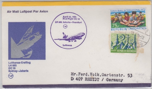 Indonesien - Lufthansa 1st-Flug Jakarta - Frankfurt Luftpostbrief 1974