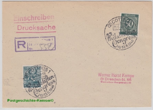 Kontrollrat - Cottbus Philatelisten-Congress 1948 Einschreiben Drucksache