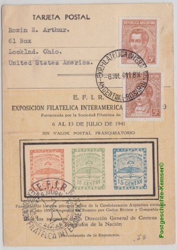 Argentinien - Exposicion Filatelica Interamerica Sonderkarte Rosario - USA 1941