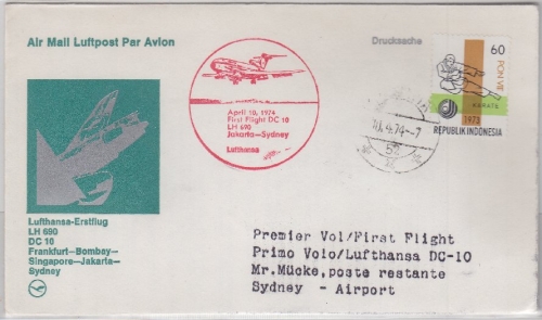 Indonesien - Lufthansa 1st-Flug Djakarta - Sydney Luftpostbrief 1974 Karate