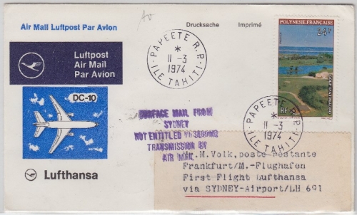 Franz. Polynesien - Luftpostdrucksache Paparte 1974 verspätete Zuleitungspost