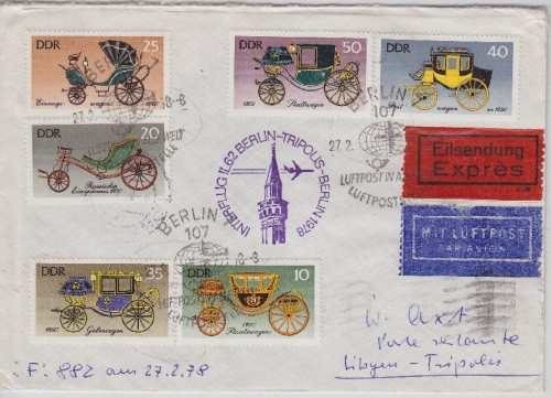 DDR - Interflug 1st-Flug Berlin - Tripolis Luftpost Eilbrief 1978 Motiv Kutschen