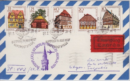 DDR - Interflug 1st-Flug Berlin - Tripolis Luftpost Eilkarte 1978 Motiv Fachwerk