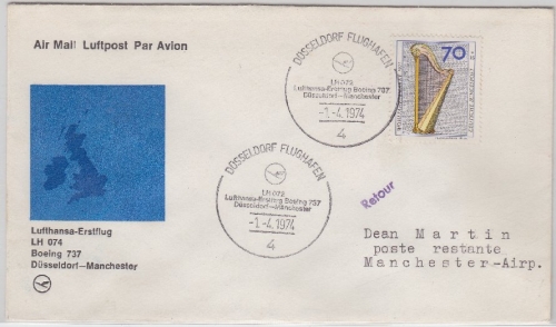 BRD - 70 Pfg. Harfe Luftpostbrief n. ENGLAND LH 1st-Flug Düsseldorf - Manchester